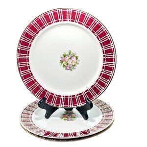 Homer Laughlin Piccadilly Dinner Plates 10" 3pc red rim gold floral center 1942